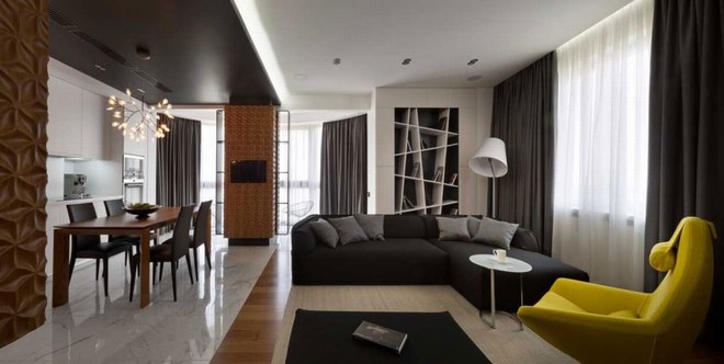 Thiết kế nội thất căn hộ chung cư đẹp với tông màu đậm